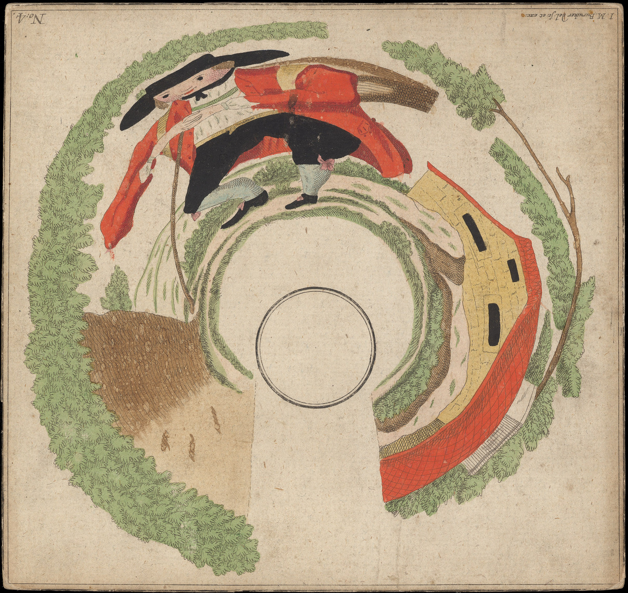 Planche d'anamorphose : voyageur devant une maison