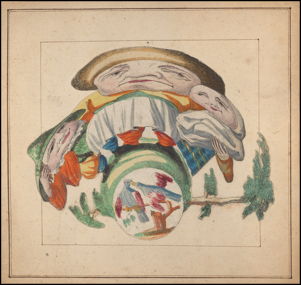 Planche d'anamorphose : femme déféquant