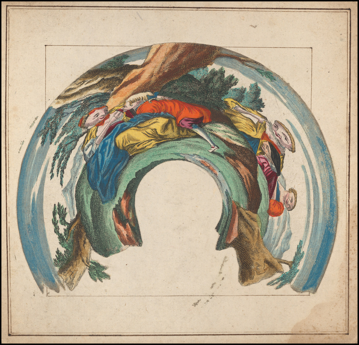 Planche d'anamorphose : rendez-vous galant épié