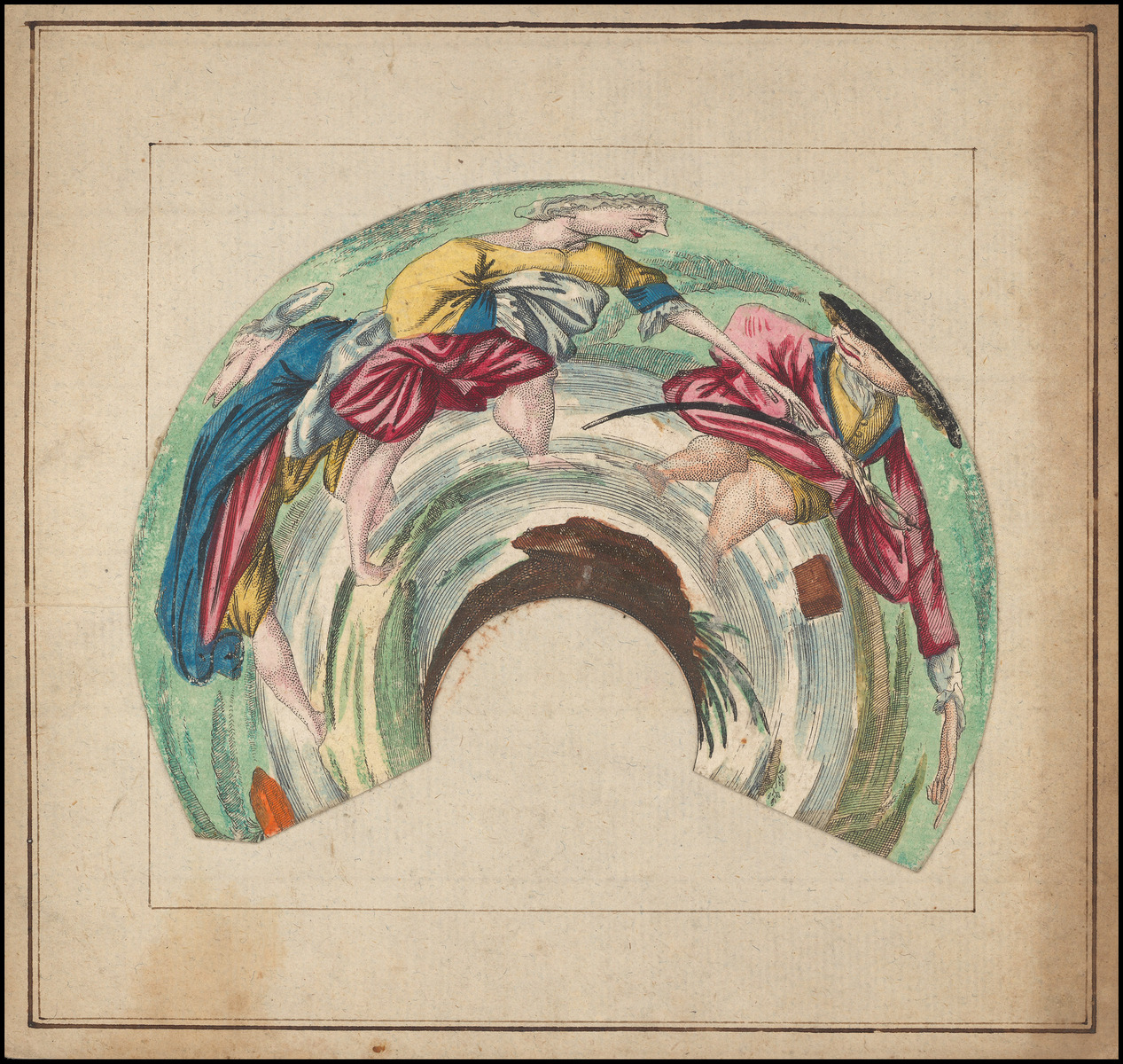 Planche d'anamorphose : hommes traversant une rivière