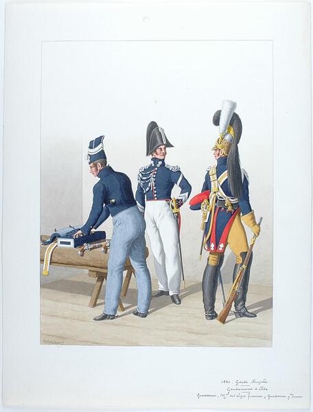 1830. Garde Royale. Gendarmerie d'élite. Gendarme, Maréchal des Logis-Fourrier (grande tenue).