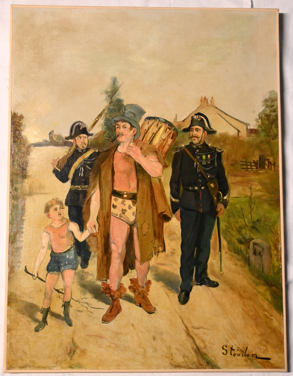 Brigadier et gendarme escortant un saltimbanque et son fils