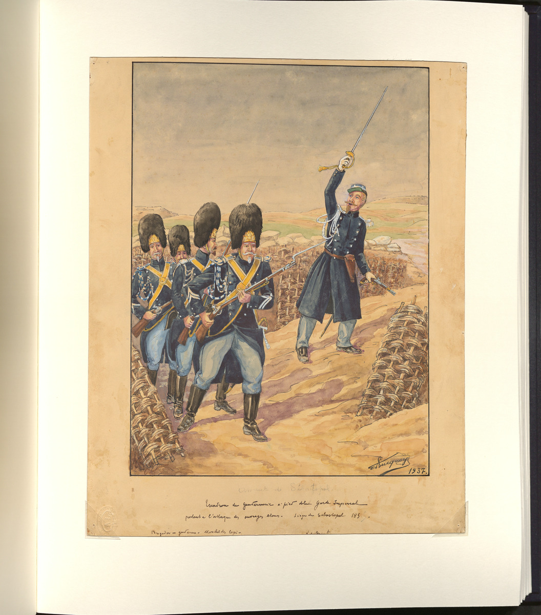 Aquarelle : Assaut de Sébastopol (1855) (Gendarmerie  à pied de la Garde impériale)