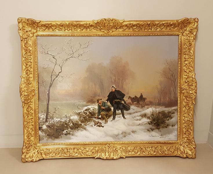 Arrestation d'un braconnier dans un paysage de neige (par deux gendarmes à cheval)