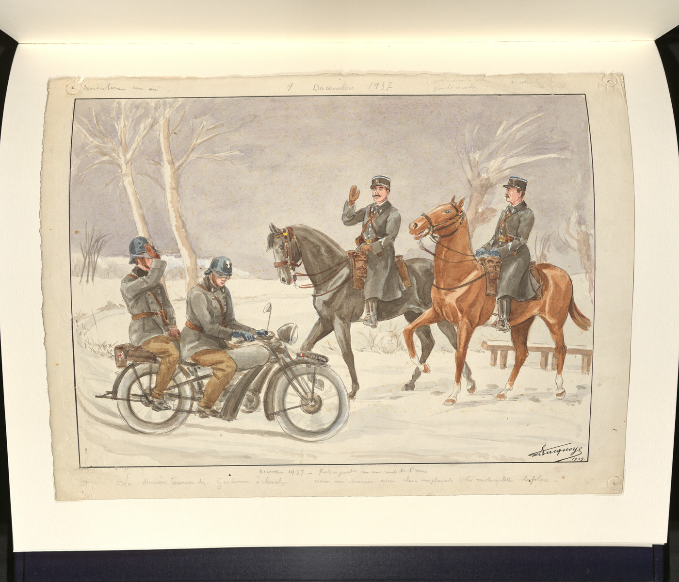 Aquarelle : Brigade à cheval et motorisée (décembre 1937) (Quelque part sur les routes de France)